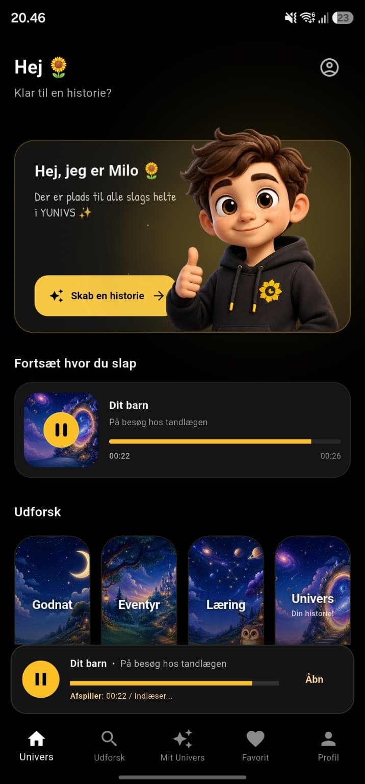 YUNIVS appens forside med Milo og personlige historier